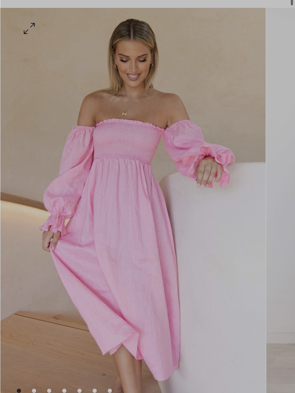 Perfect for Maternity. Smocked Off-Shoulder Pink Midi Dress with Balloon Sleeves